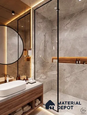 a bathroom with a large tub in the middle of the room and two sinks and two sinks on the wall next to a bathtub in front of a large window that has a window sill of it is